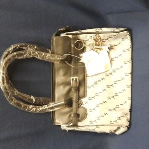 Gray and black handbag